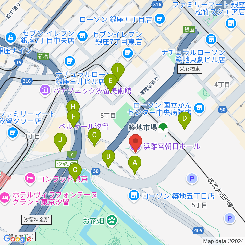 浜離宮朝日ホール周辺の駐車場・コインパーキング一覧地図