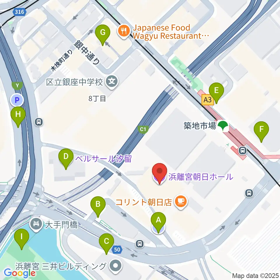 浜離宮朝日ホール周辺の駐車場・コインパーキング一覧地図