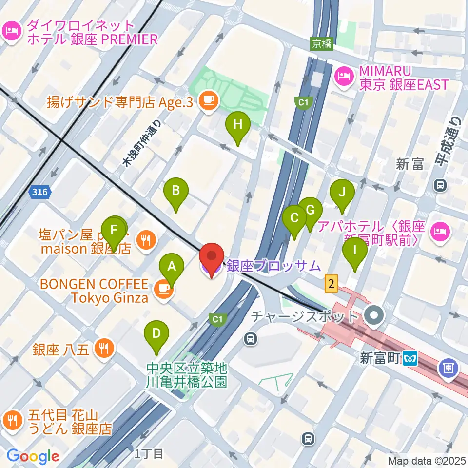 銀座ブロッサム 中央会館周辺の駐車場・コインパーキング一覧地図