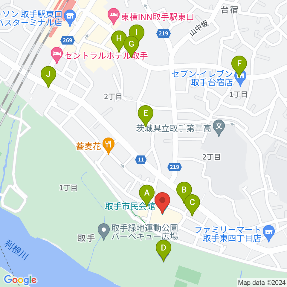 取手市民会館周辺の駐車場・コインパーキング一覧地図