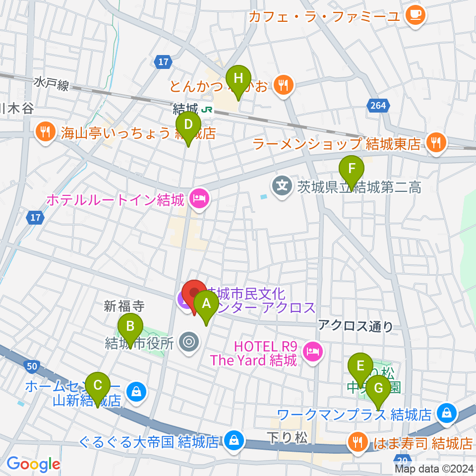 結城市民文化センターアクロス周辺の駐車場・コインパーキング一覧地図