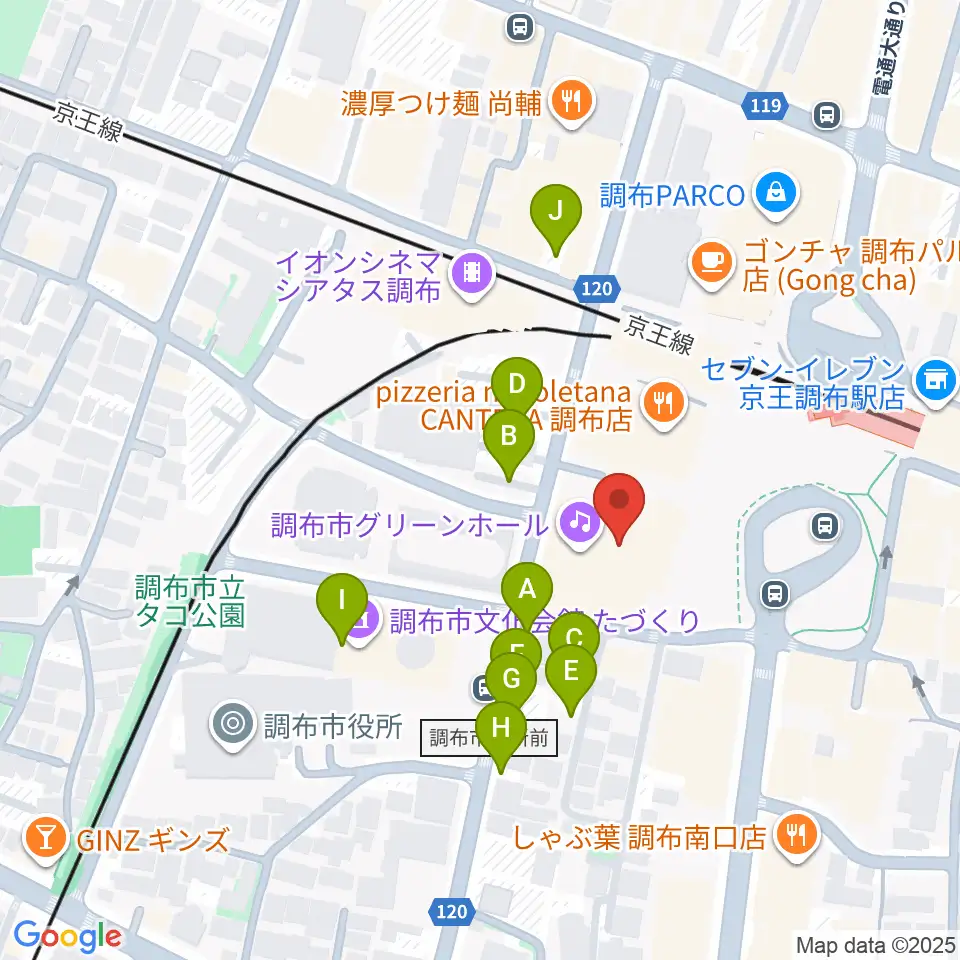 調布市グリーンホール周辺の駐車場・コインパーキング一覧地図