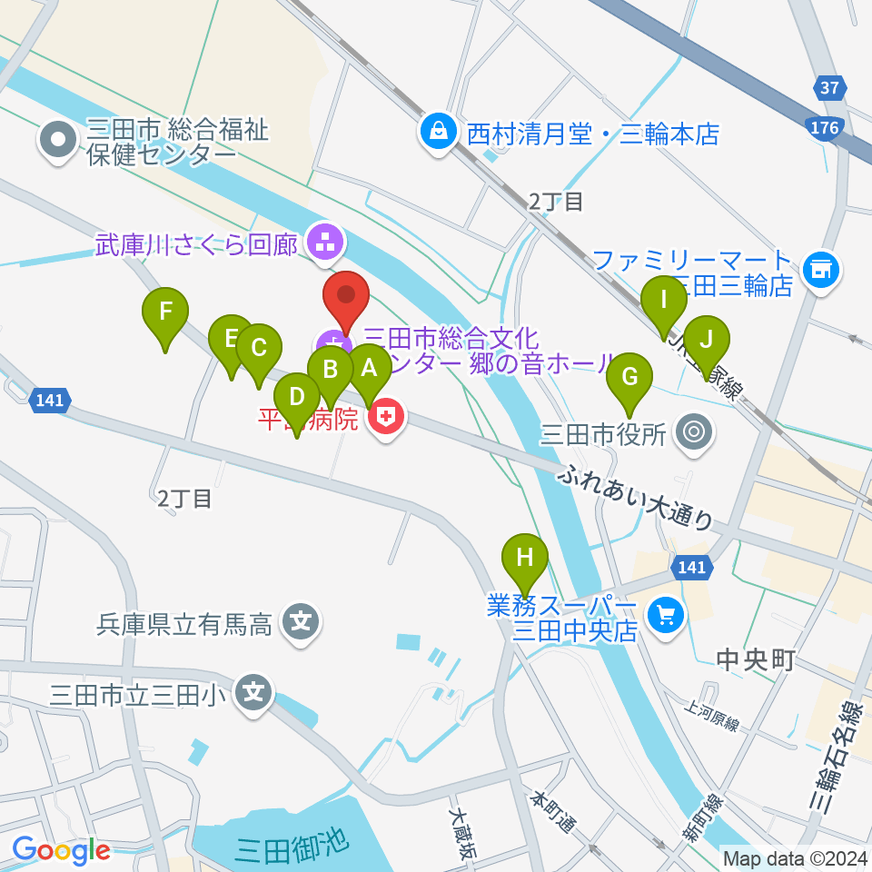 郷の音ホール周辺の駐車場・コインパーキング一覧地図