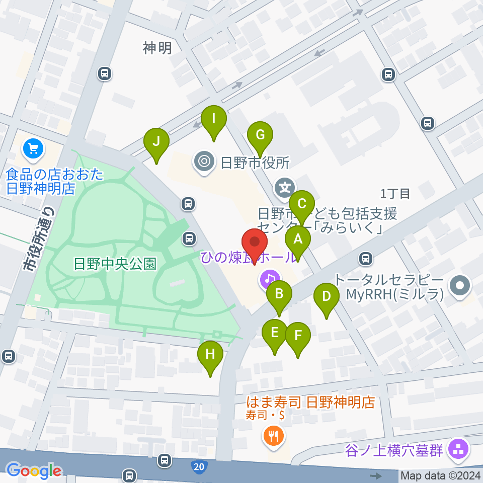 ひの煉瓦ホール周辺の駐車場・コインパーキング一覧地図