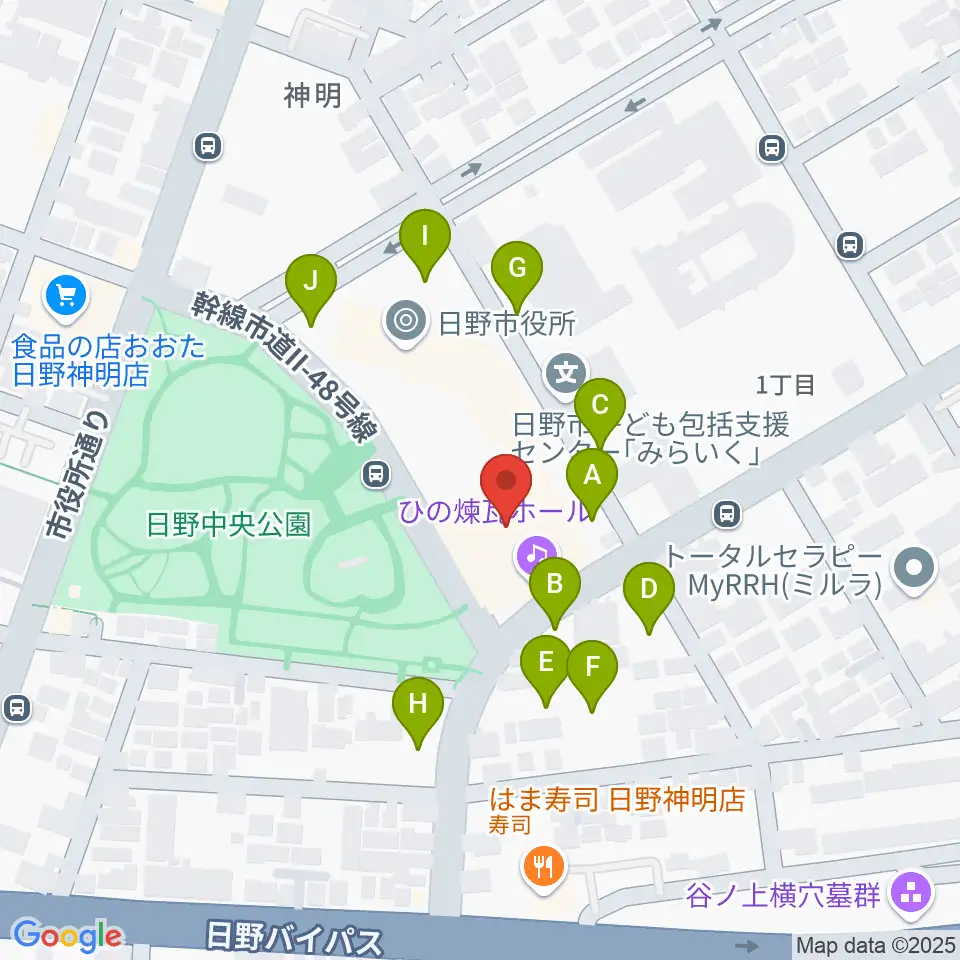 ひの煉瓦ホール周辺の駐車場・コインパーキング一覧地図