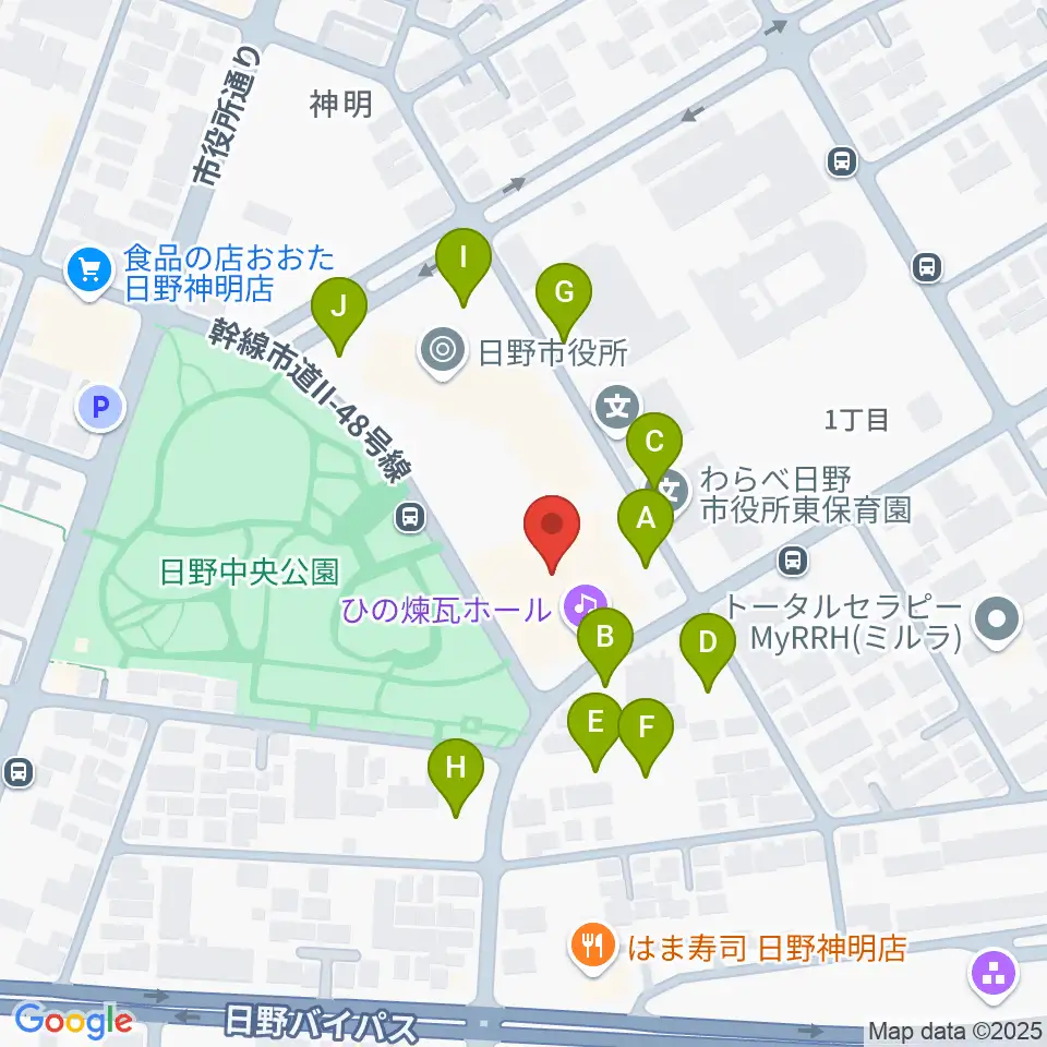 ひの煉瓦ホール周辺の駐車場・コインパーキング一覧地図