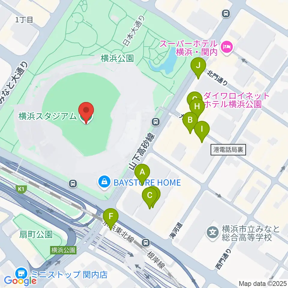 横浜スタジアム周辺の駐車場・コインパーキング一覧地図