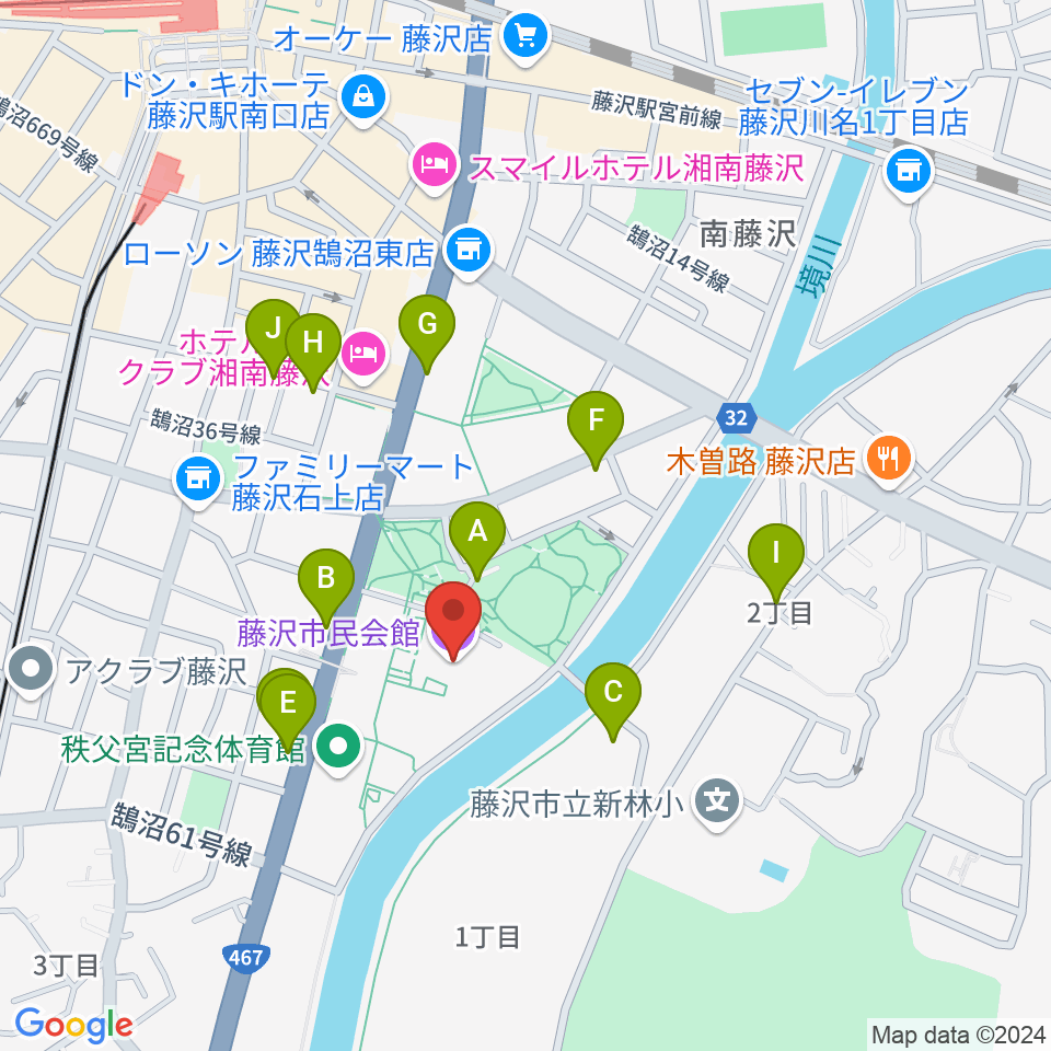 藤沢市民会館周辺の駐車場・コインパーキング一覧地図