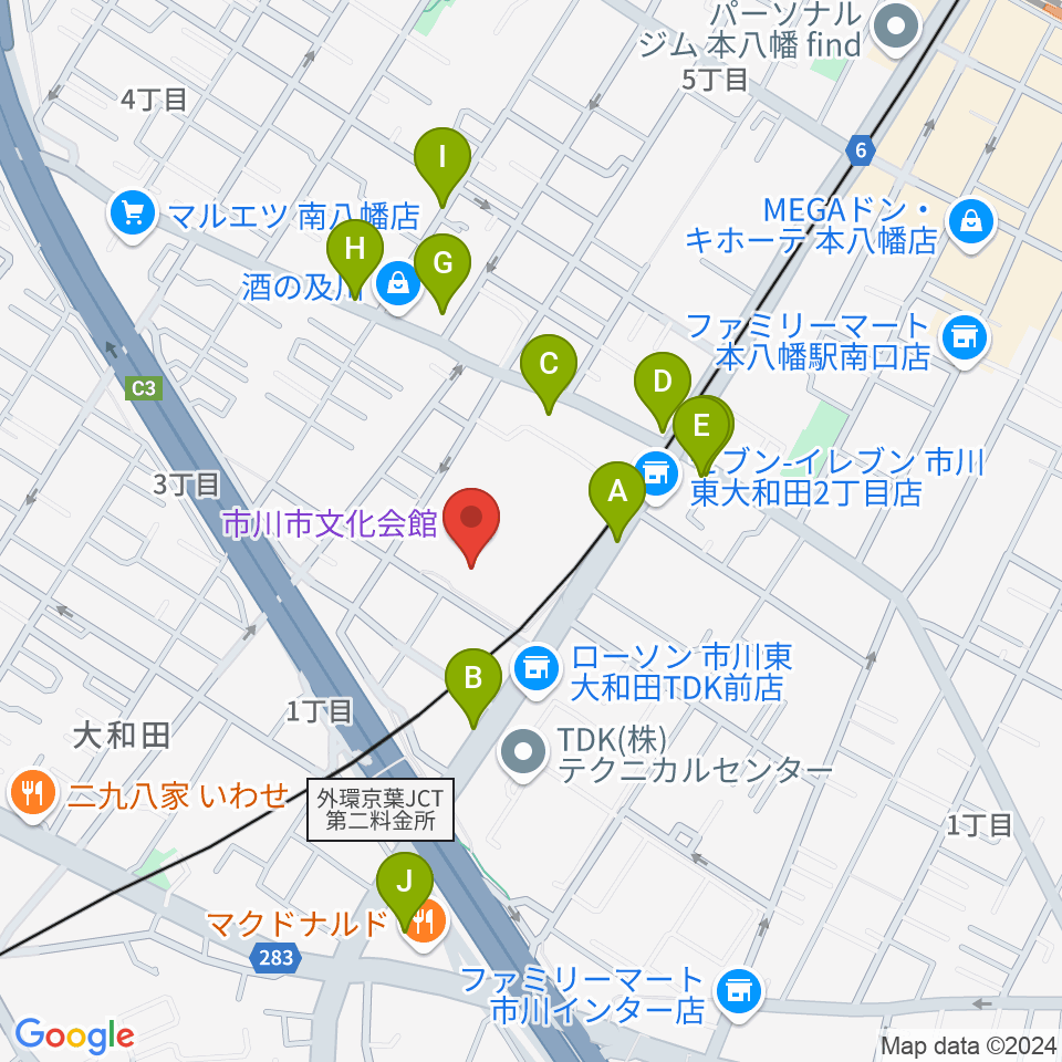 市川市文化会館周辺の駐車場・コインパーキング一覧地図