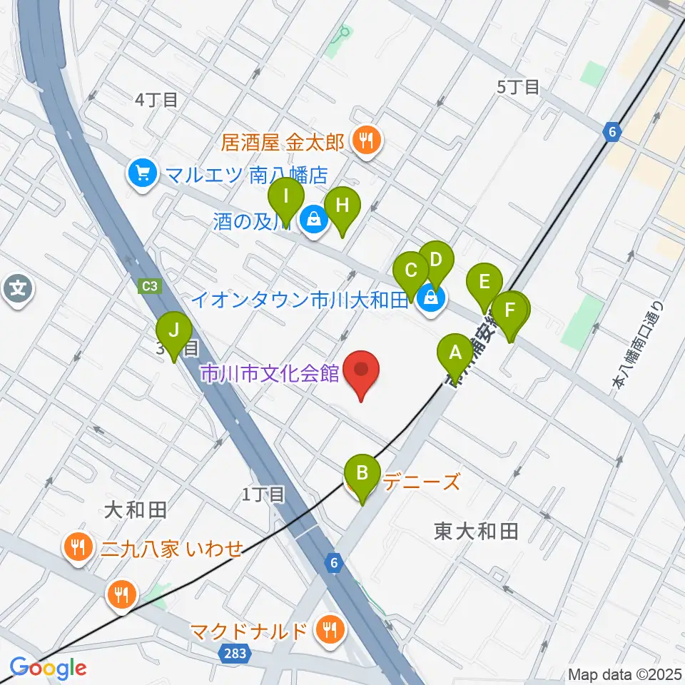 市川市文化会館周辺の駐車場・コインパーキング一覧地図