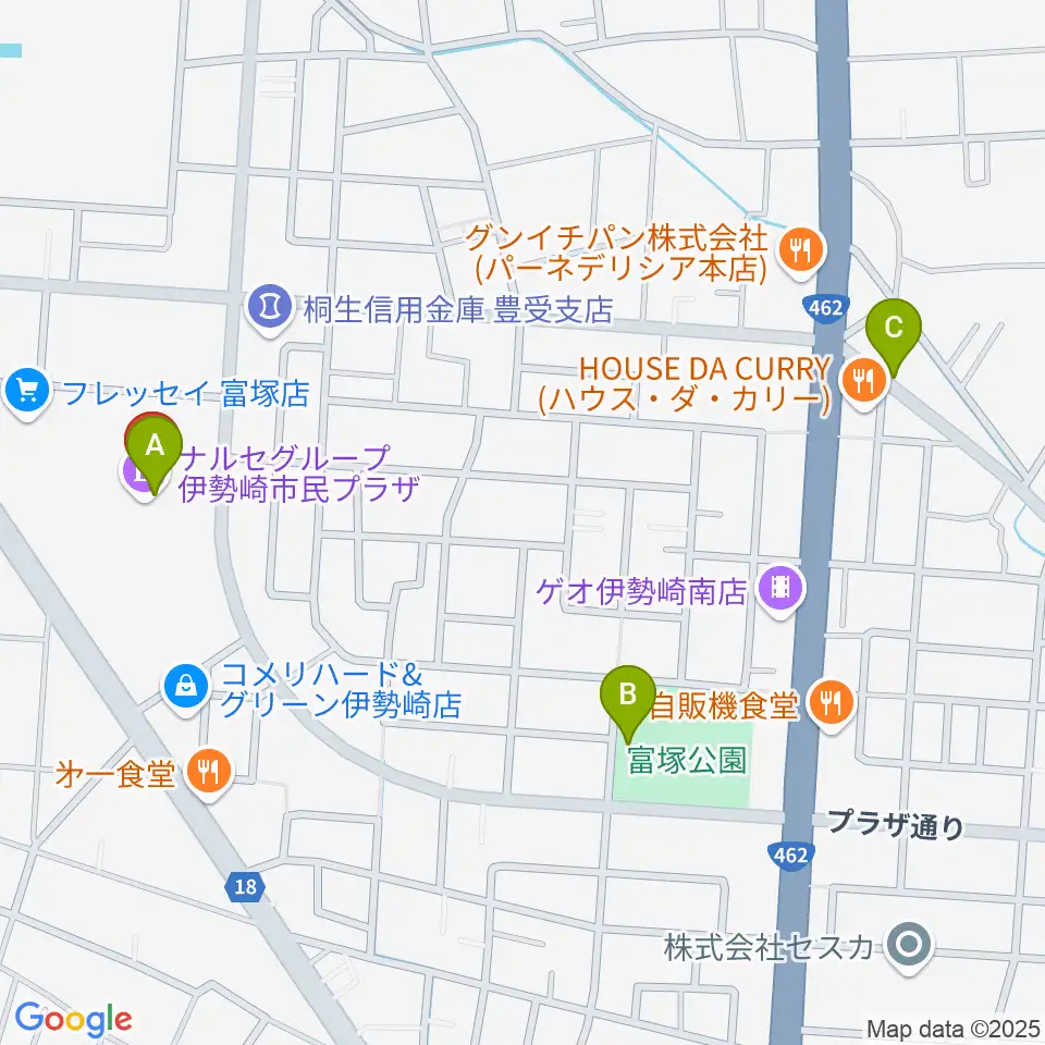 ナルセグループ伊勢崎市民プラザ周辺の駐車場・コインパーキング一覧地図