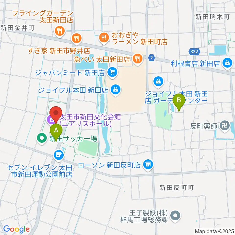 太田市新田文化会館エアリスホール周辺の駐車場・コインパーキング一覧地図