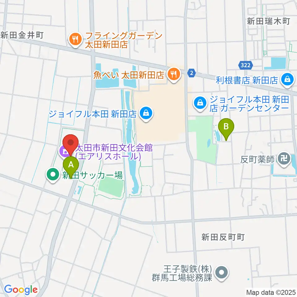 太田市新田文化会館エアリスホール周辺の駐車場・コインパーキング一覧地図