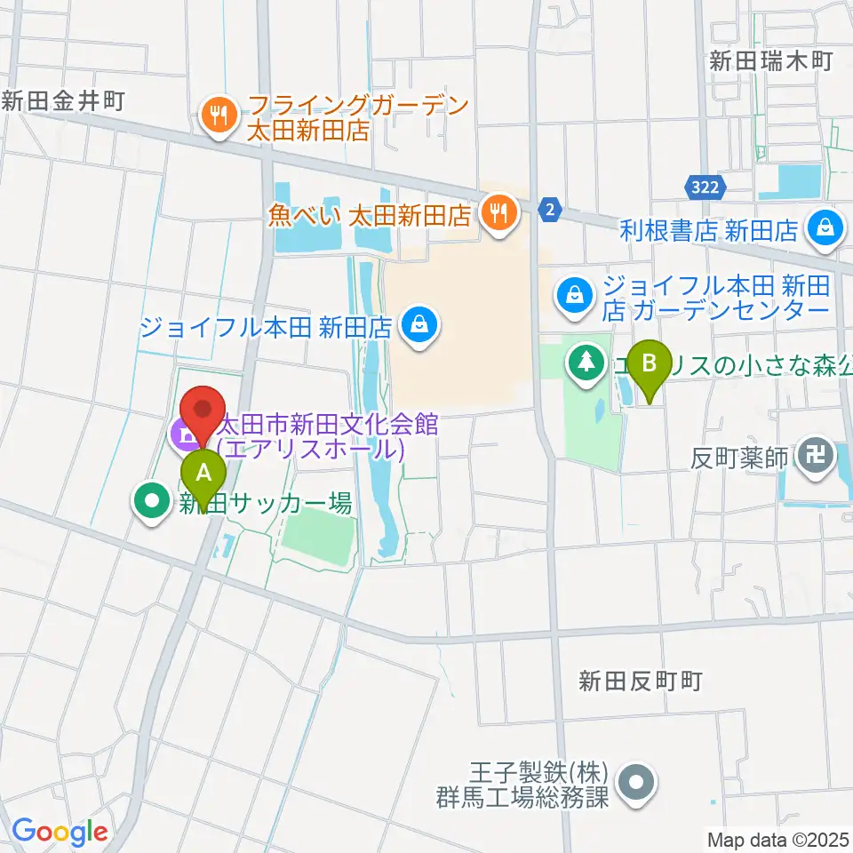 太田市新田文化会館エアリスホール周辺の駐車場・コインパーキング一覧地図
