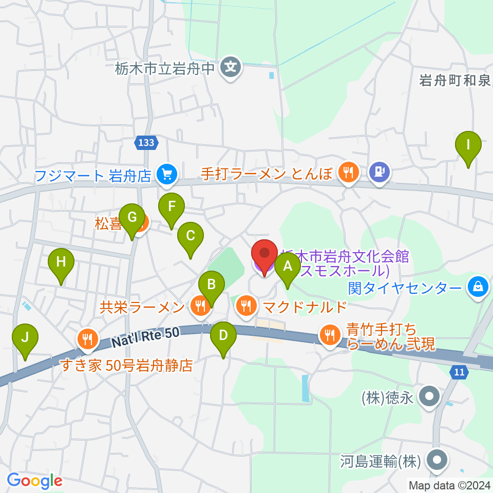 岩舟文化会館コスモスホール周辺の駐車場・コインパーキング一覧地図