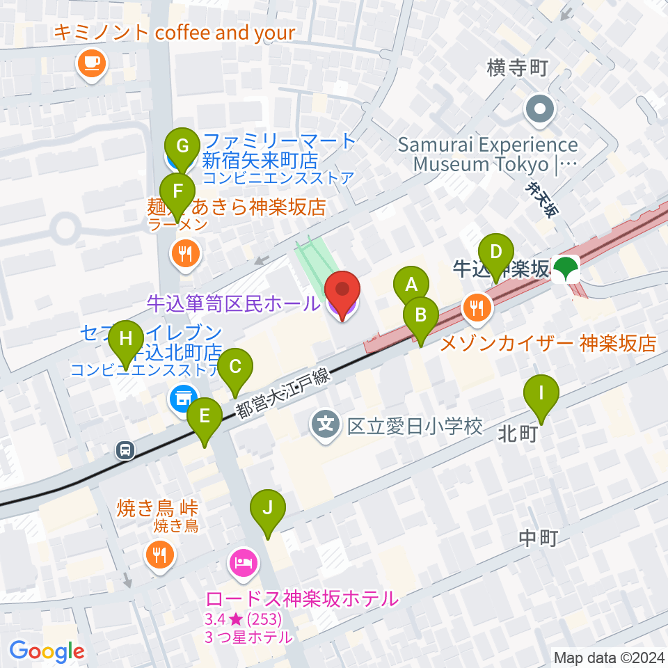 牛込箪笥区民ホール周辺の駐車場・コインパーキング一覧地図