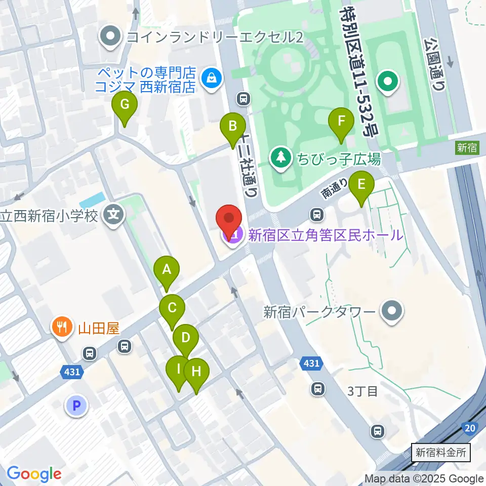 角筈区民ホール周辺の駐車場・コインパーキング一覧地図