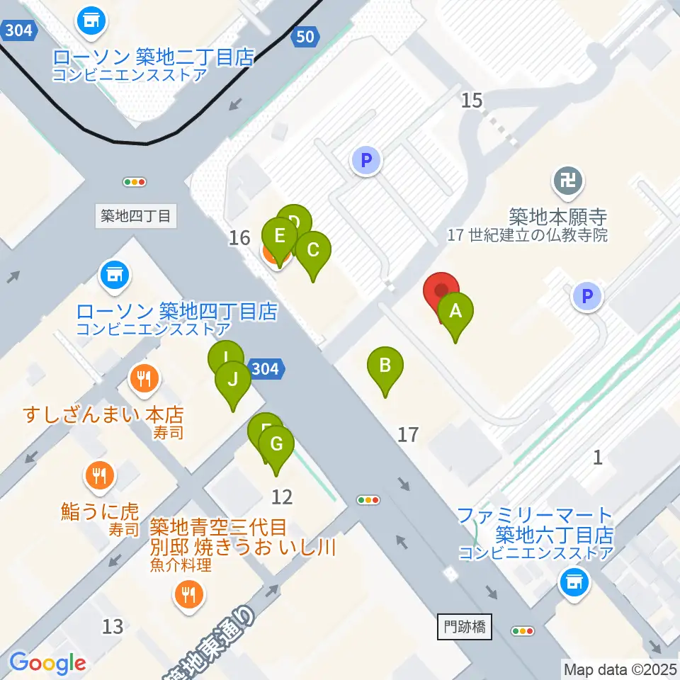築地本願寺ブディストホール周辺のファミレス・ファーストフード一覧地図