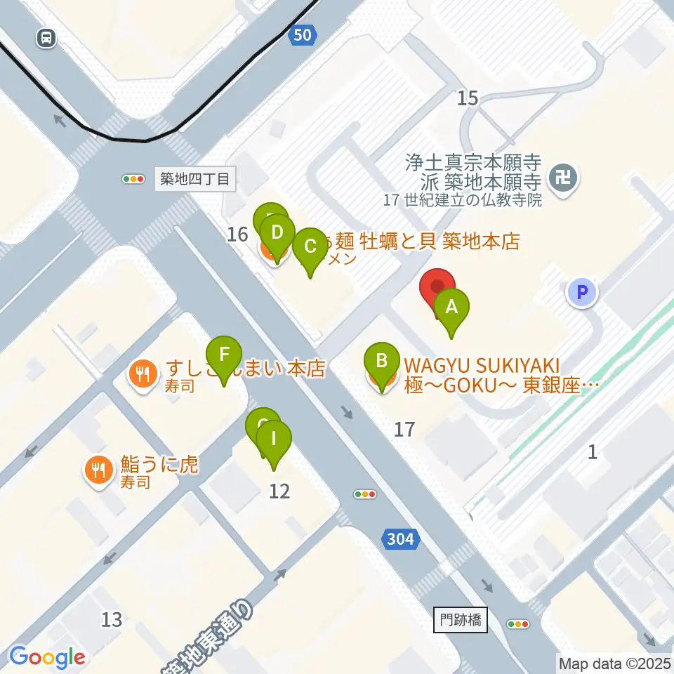 築地本願寺ブディストホール周辺のファミレス・ファーストフード一覧地図