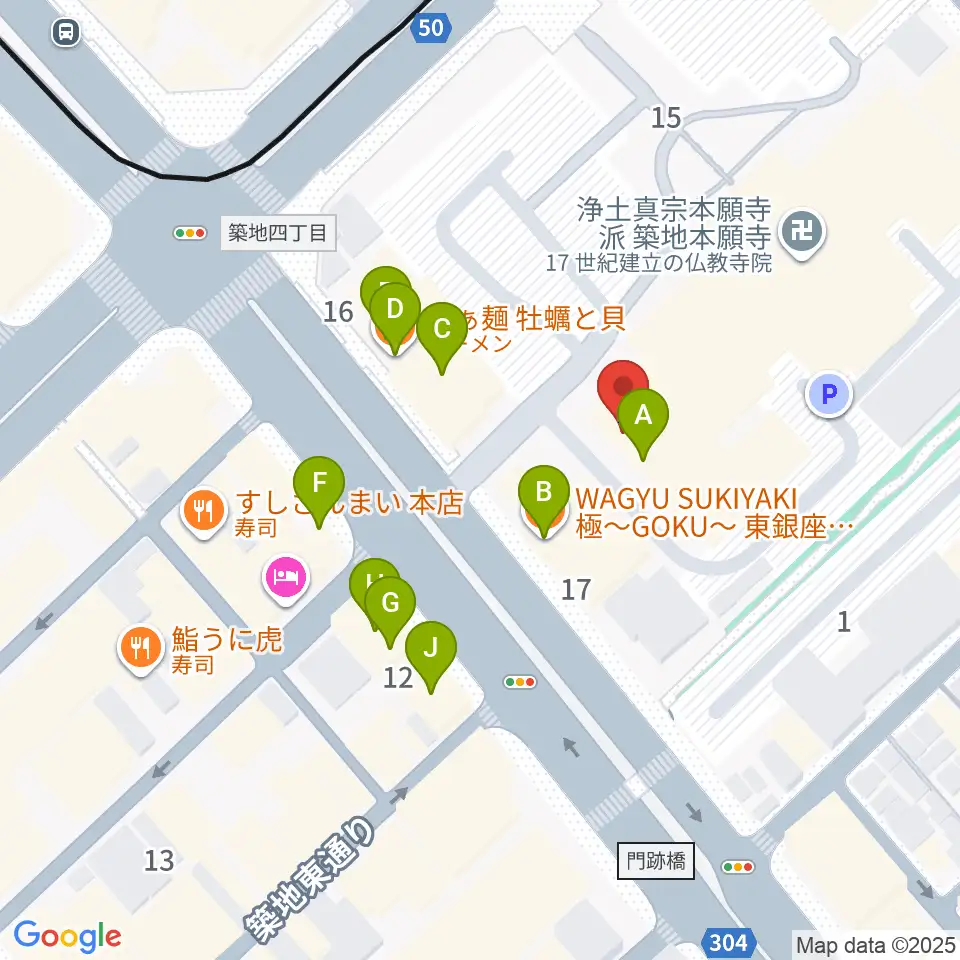 築地本願寺ブディストホール周辺のファミレス・ファーストフード一覧地図