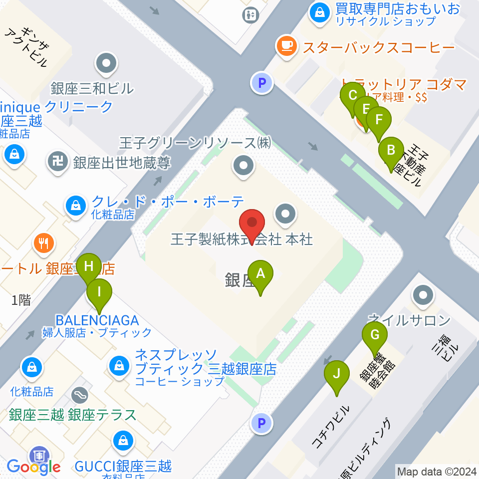 銀座 王子ホール周辺のファミレス・ファーストフード一覧地図