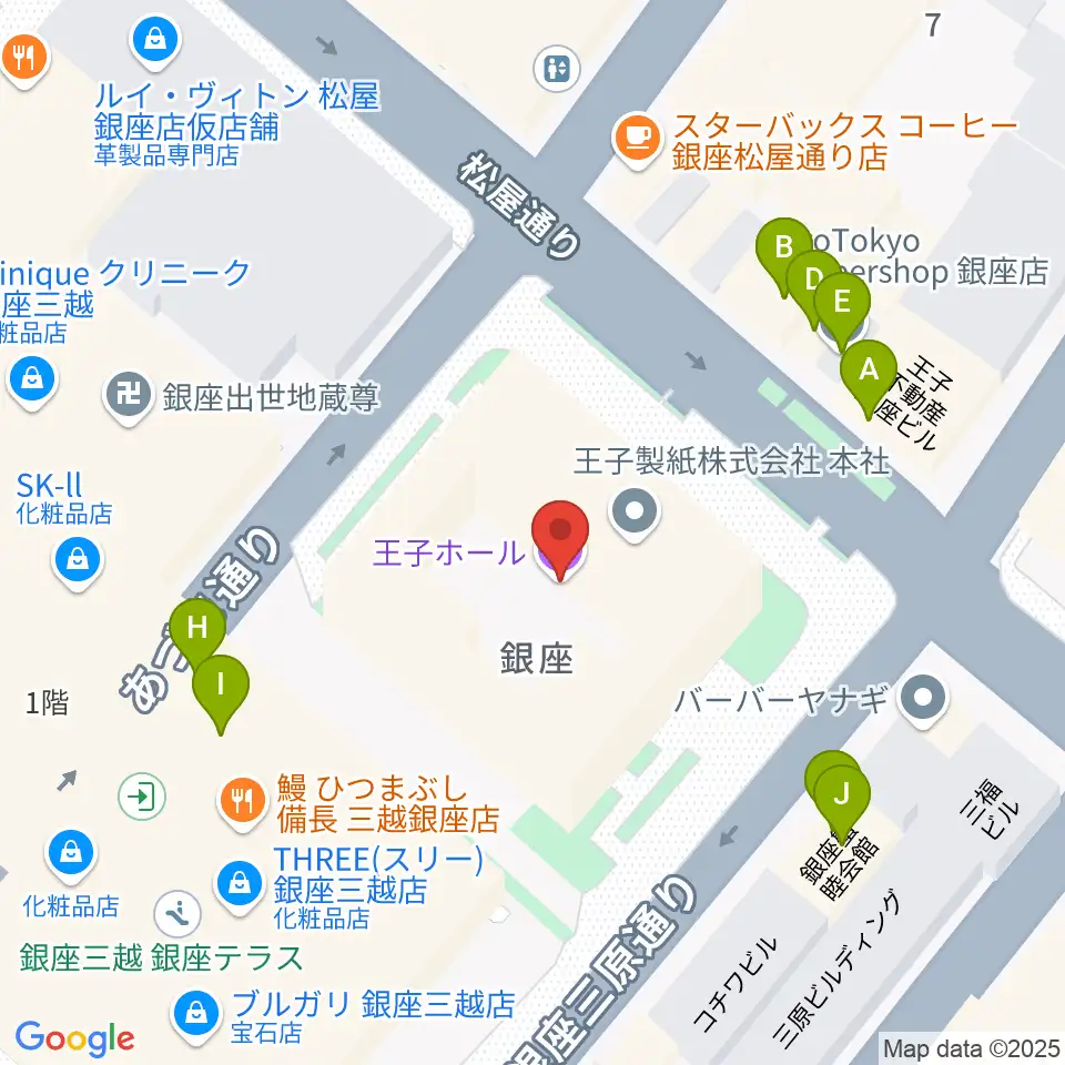 銀座 王子ホール周辺のファミレス・ファーストフード一覧地図