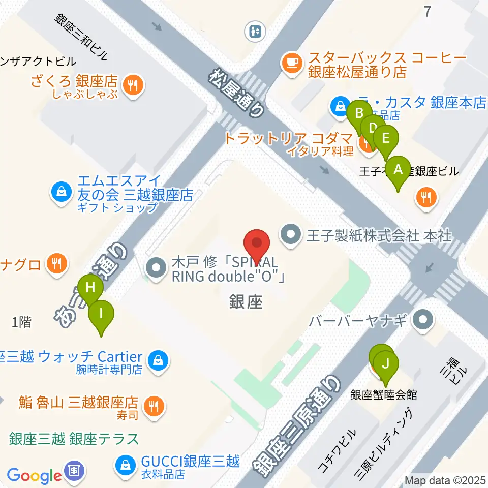 銀座 王子ホール周辺のファミレス・ファーストフード一覧地図