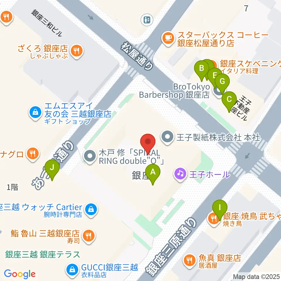 銀座 王子ホール周辺のファミレス・ファーストフード一覧地図