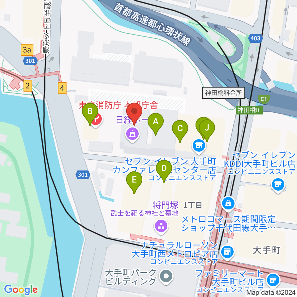 日経ホール周辺のファミレス・ファーストフード一覧地図