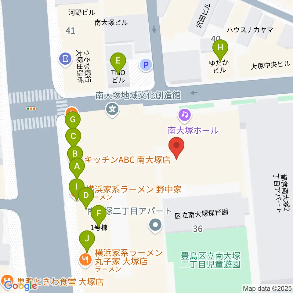 南大塚ホール周辺のファミレス・ファーストフード一覧地図