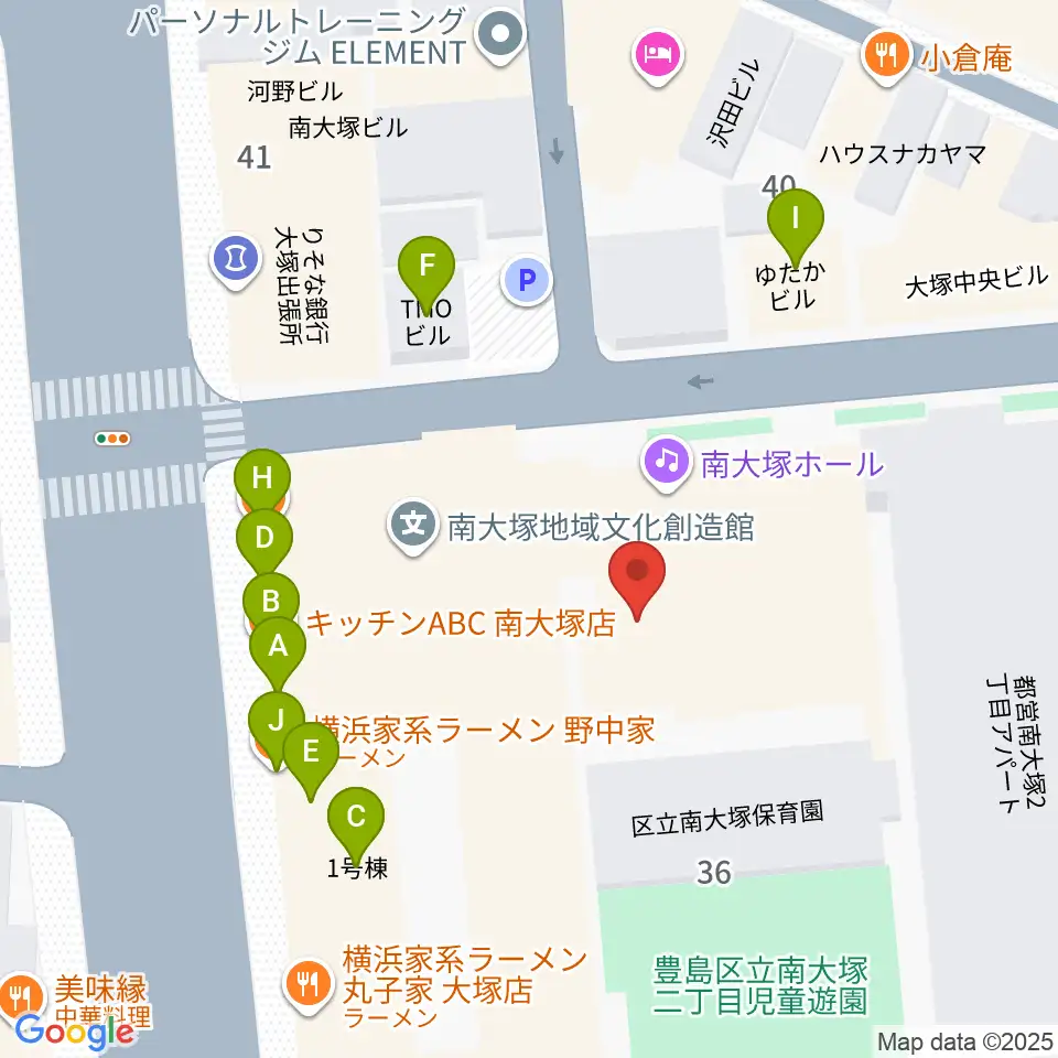 南大塚ホール周辺のファミレス・ファーストフード一覧地図