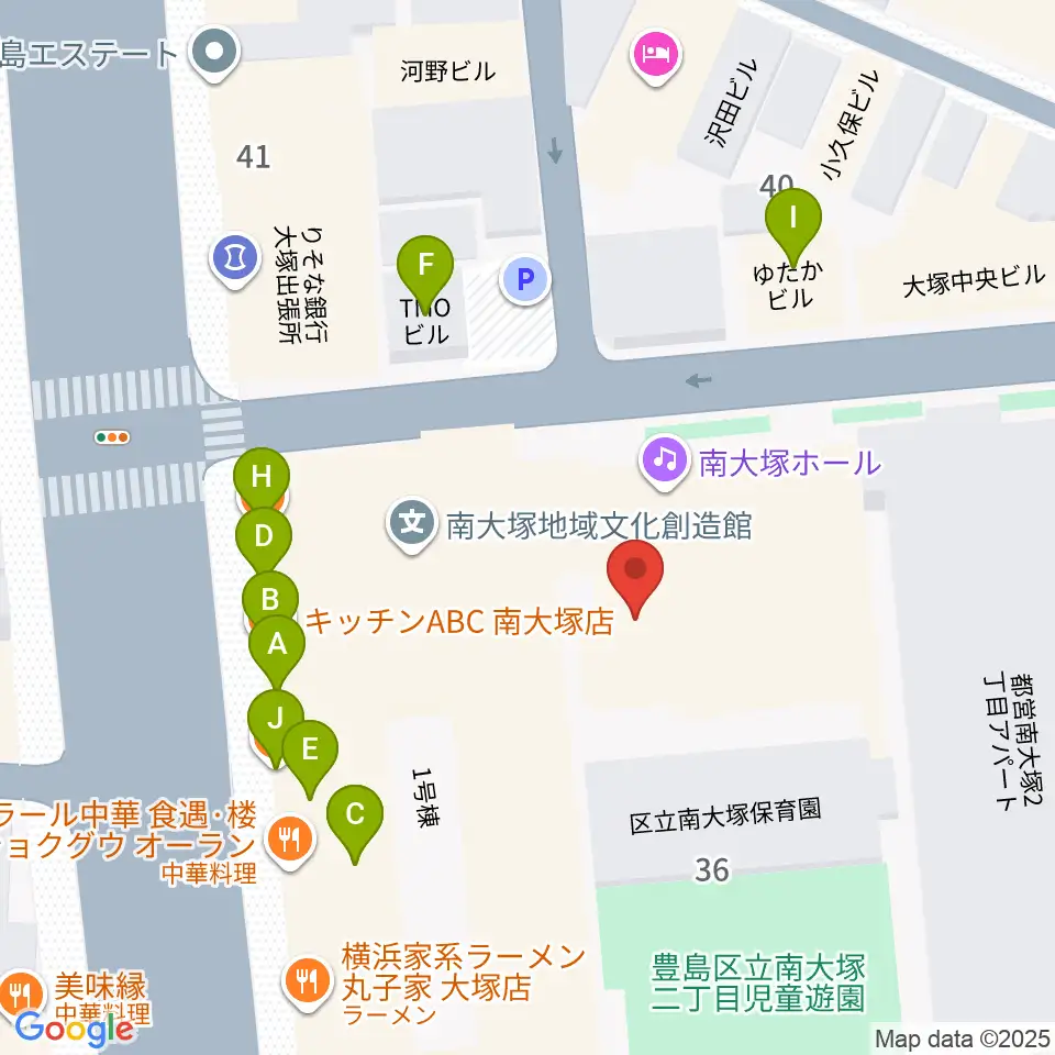 南大塚ホール周辺のファミレス・ファーストフード一覧地図
