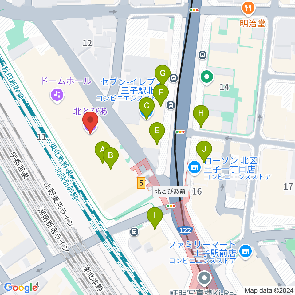 北とぴあ周辺のファミレス・ファーストフード一覧地図