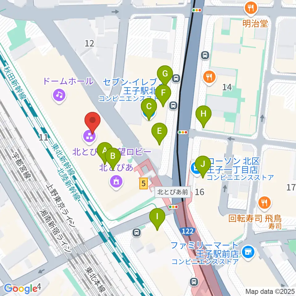 北とぴあ周辺のファミレス・ファーストフード一覧地図