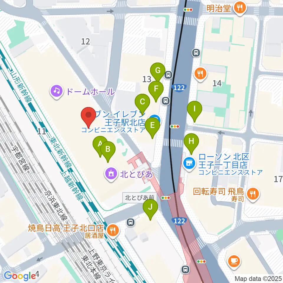 北とぴあ周辺のファミレス・ファーストフード一覧地図