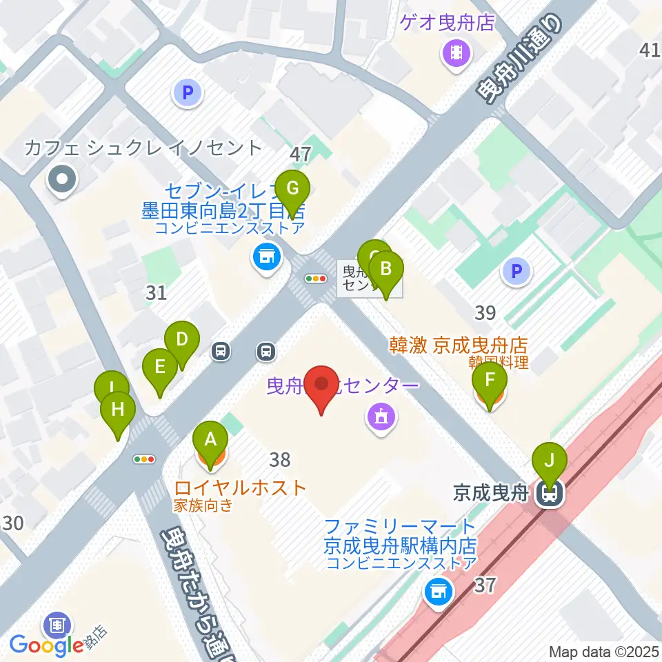 曳舟文化センター周辺のファミレス・ファーストフード一覧地図