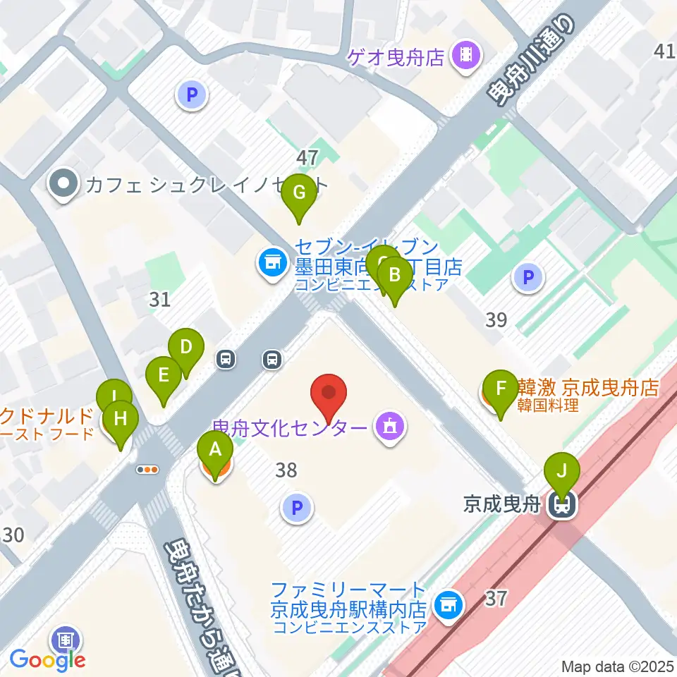 曳舟文化センター周辺のファミレス・ファーストフード一覧地図