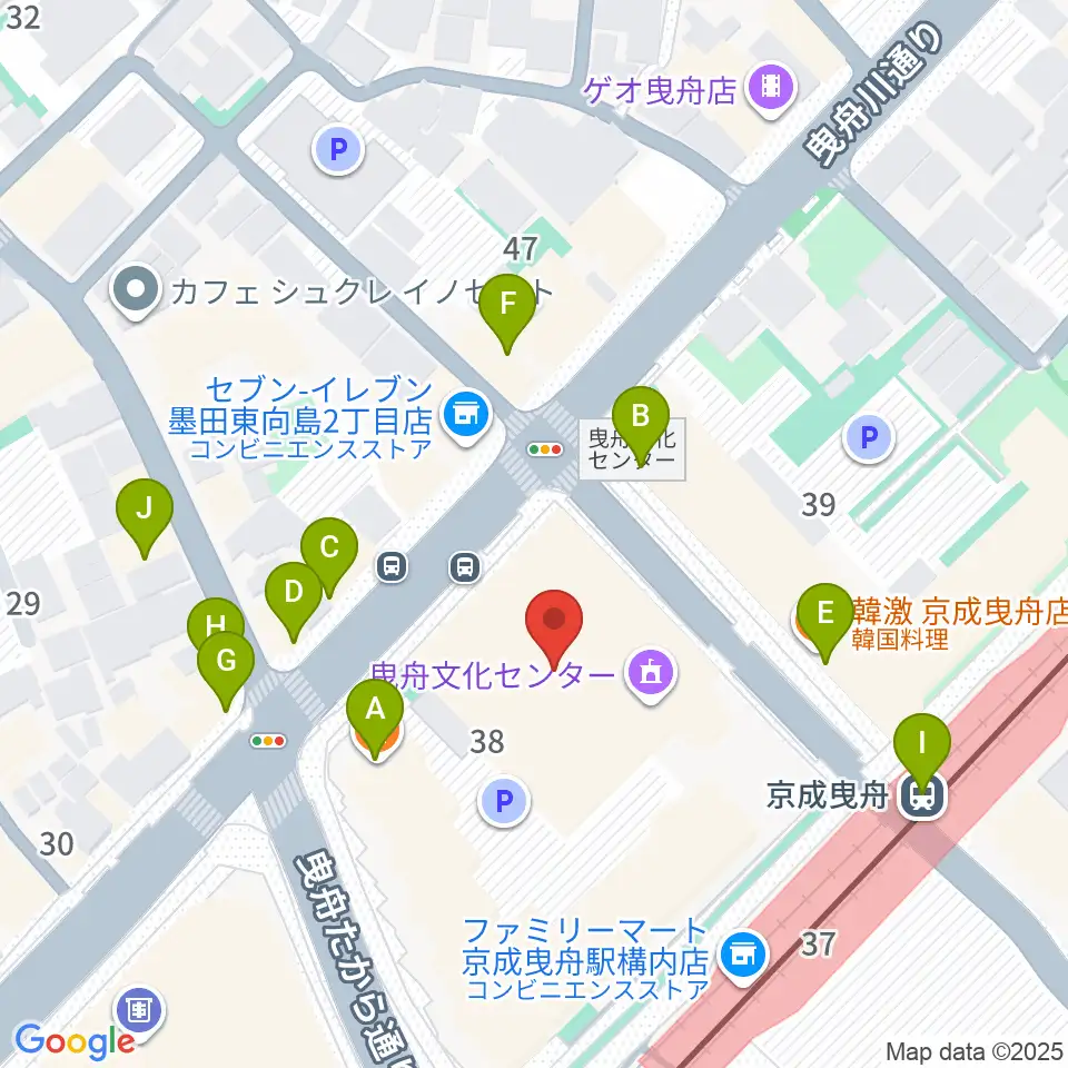 曳舟文化センター周辺のファミレス・ファーストフード一覧地図