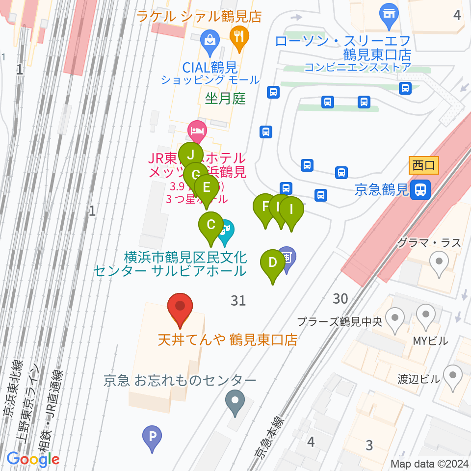 鶴見区民文化センターサルビアホール周辺のファミレス・ファーストフード一覧地図