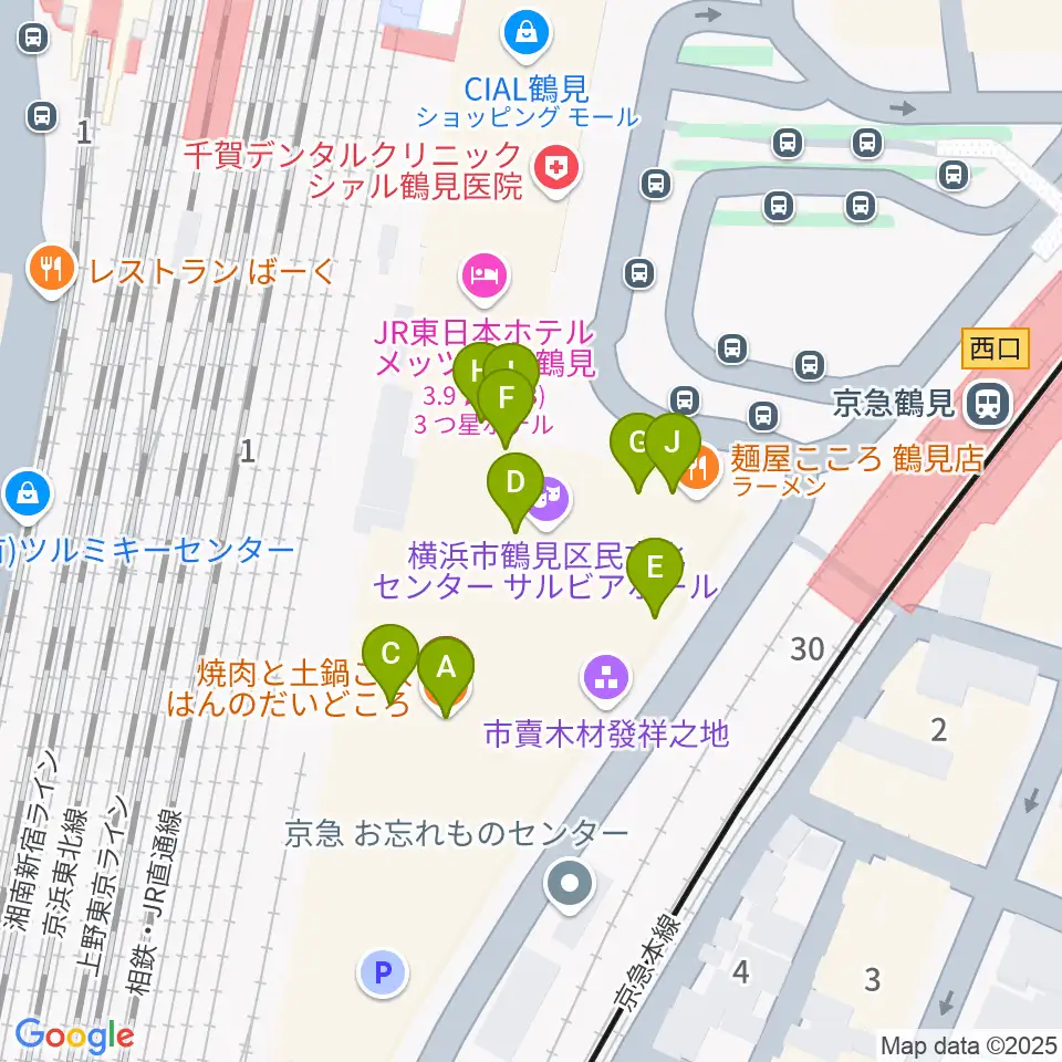 鶴見区民文化センターサルビアホール周辺のファミレス・ファーストフード一覧地図