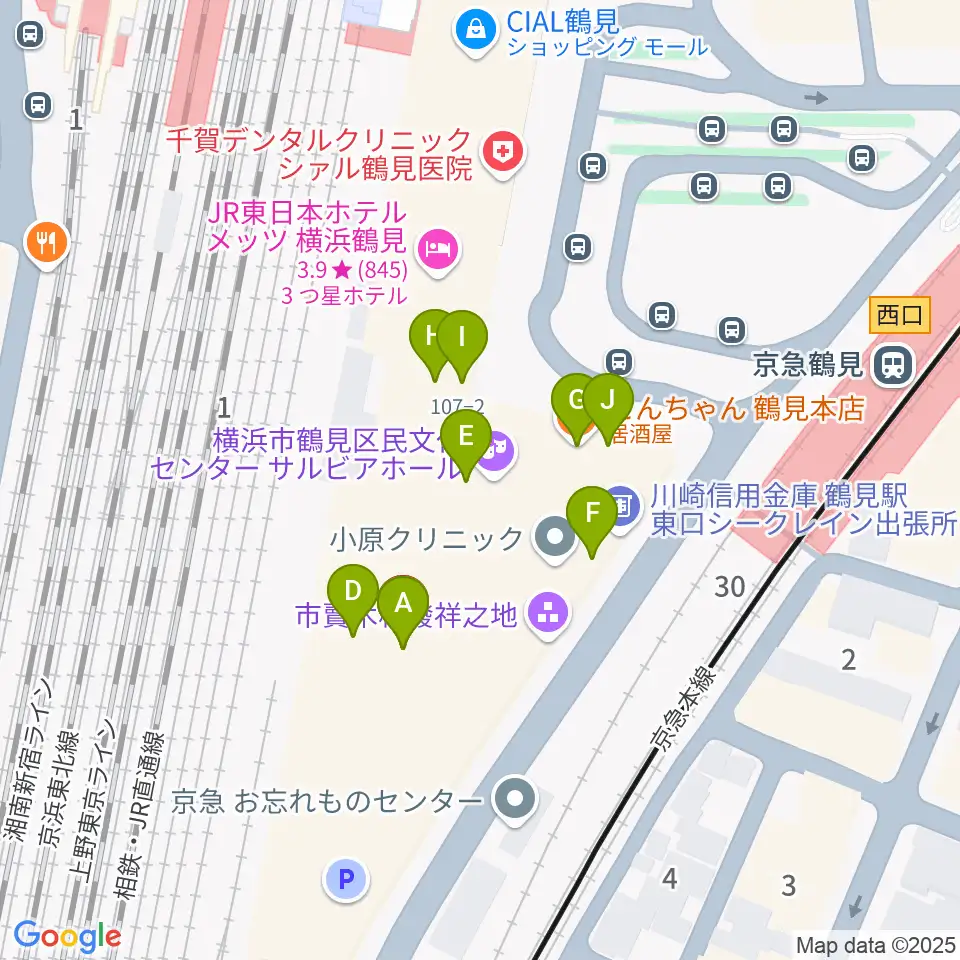 鶴見区民文化センターサルビアホール周辺のファミレス・ファーストフード一覧地図