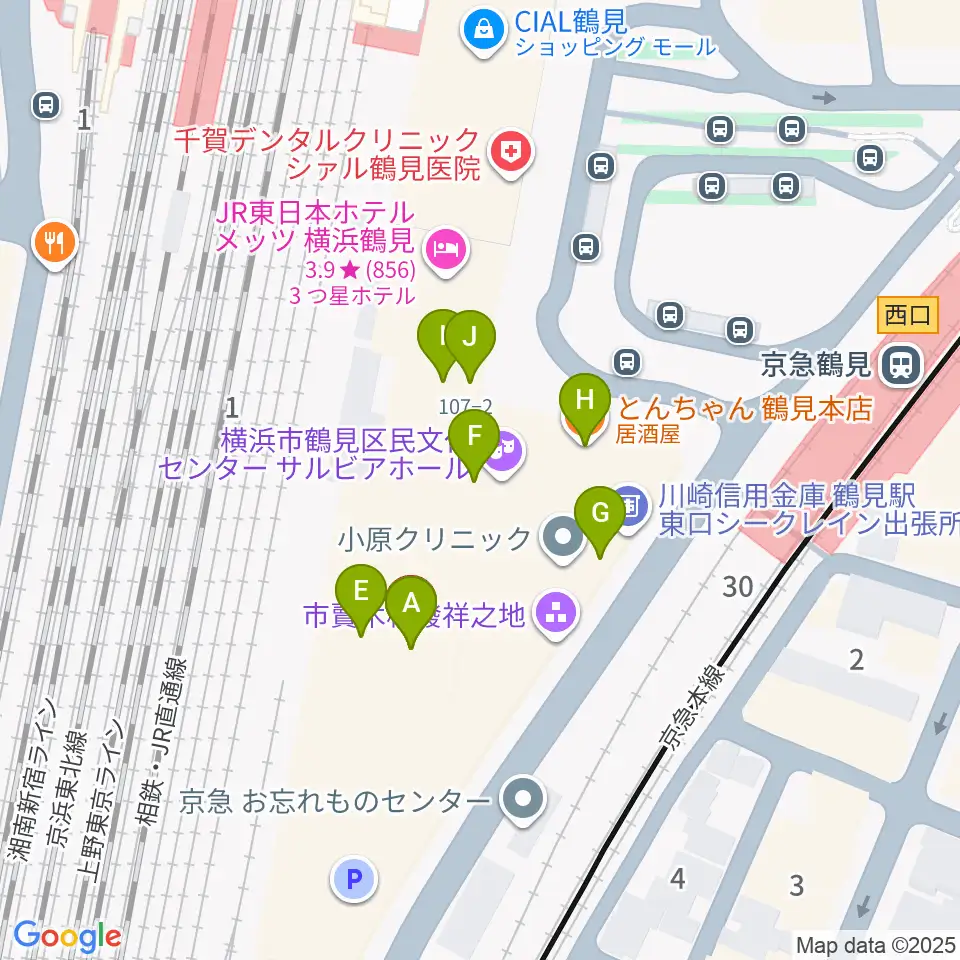 鶴見区民文化センターサルビアホール周辺のファミレス・ファーストフード一覧地図