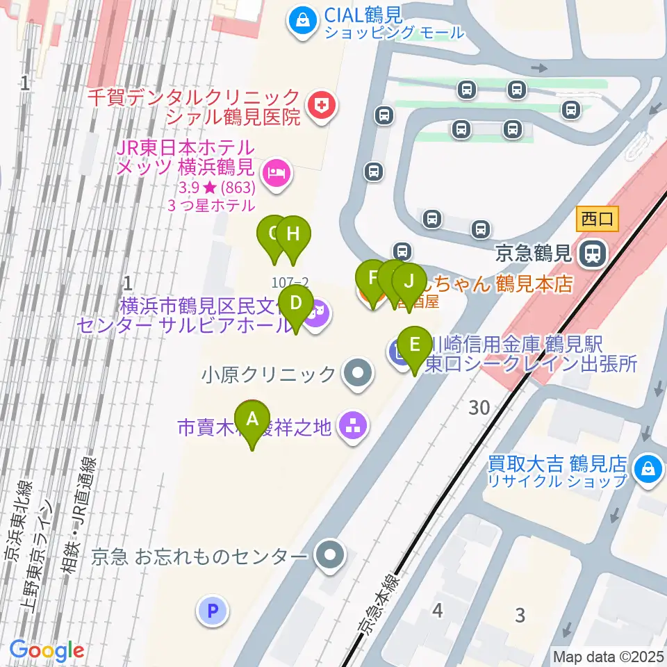 鶴見区民文化センターサルビアホール周辺のファミレス・ファーストフード一覧地図