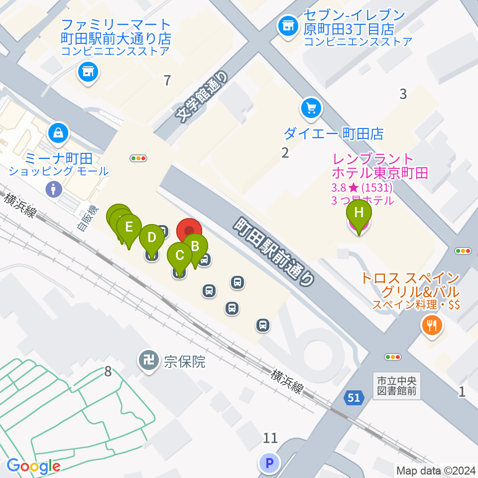 町田ターミナルプラザ市民広場周辺のファミレス・ファーストフード一覧地図