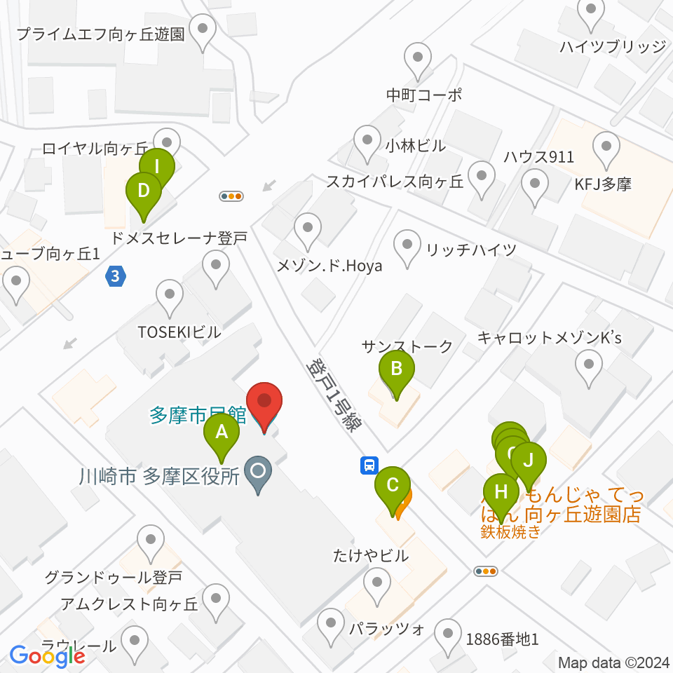川崎市多摩市民館周辺のファミレス・ファーストフード一覧地図