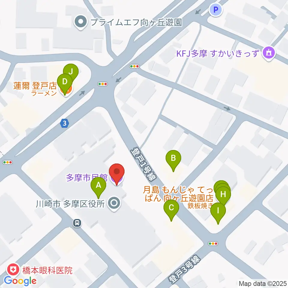 川崎市多摩市民館周辺のファミレス・ファーストフード一覧地図