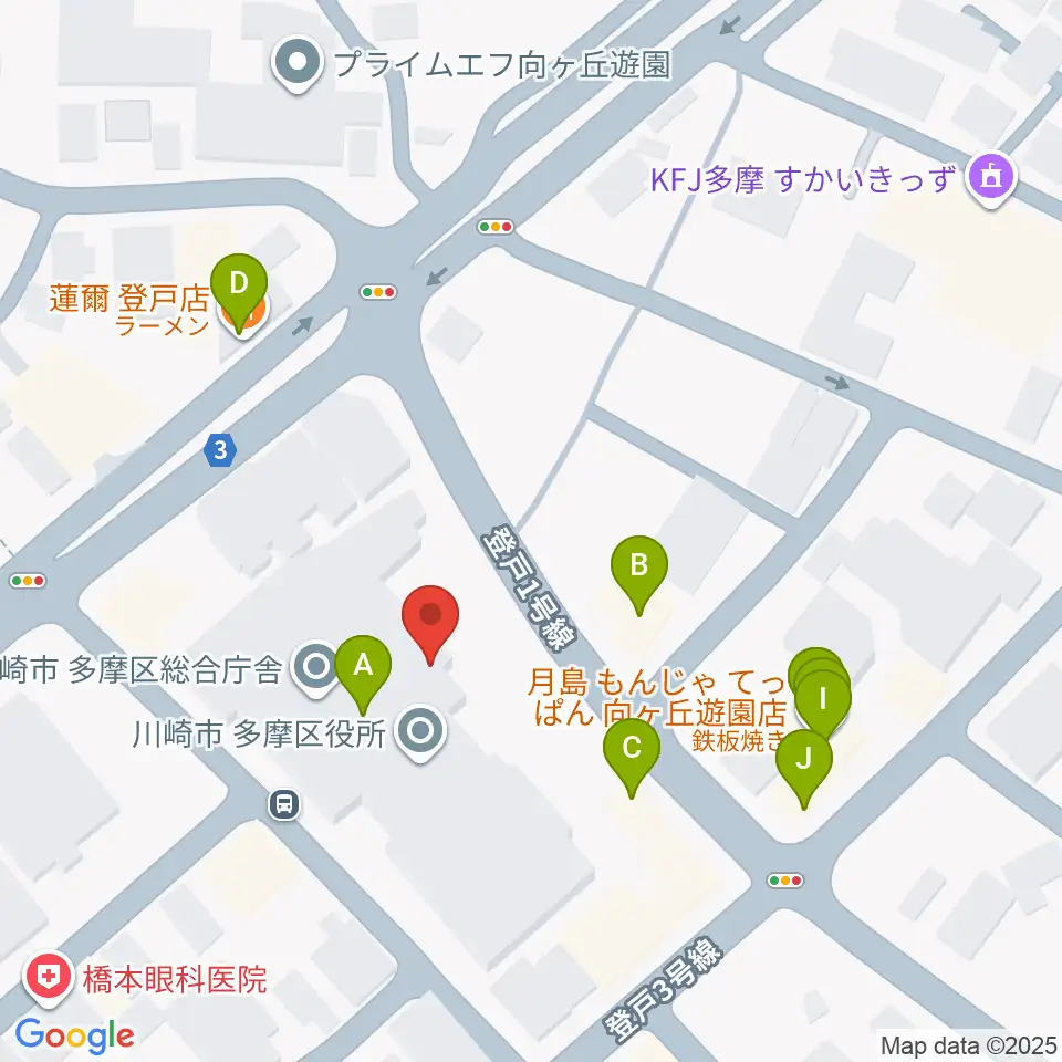 川崎市多摩市民館周辺のファミレス・ファーストフード一覧地図