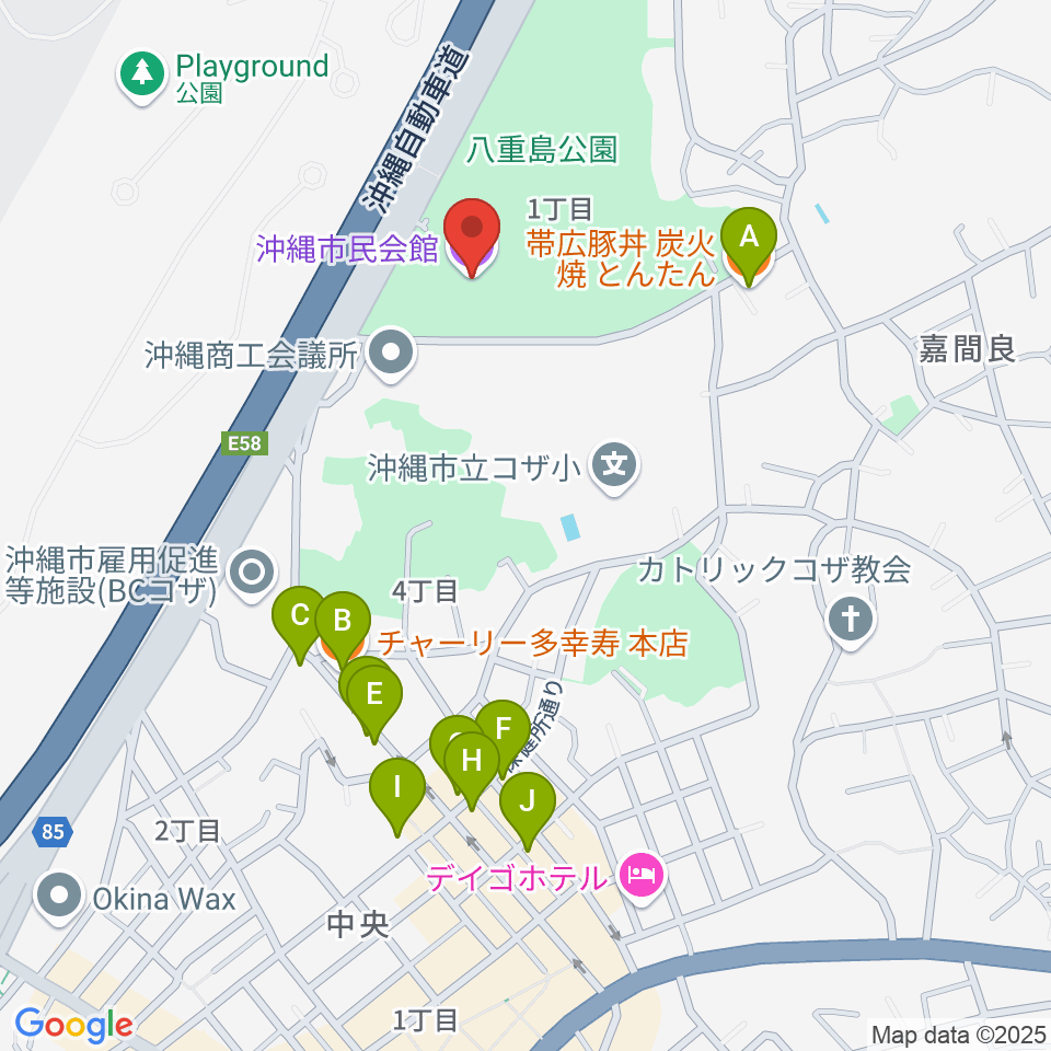 沖縄市民会館周辺のファミレス・ファーストフード一覧地図