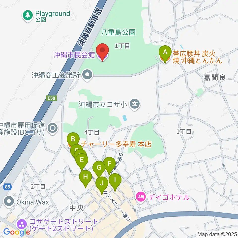 沖縄市民会館周辺のファミレス・ファーストフード一覧地図