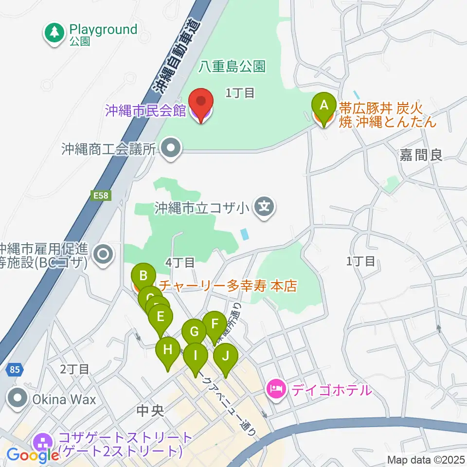 沖縄市民会館周辺のファミレス・ファーストフード一覧地図